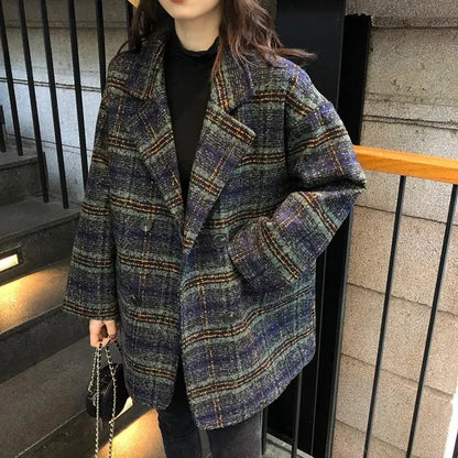 Checkered Coat for Women 2025 Spring New Korean Edition Retro Western Style Reduced Age Small Fragrant Whisper Coat for Women WF Dark green thickened