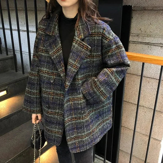Checkered Coat for Women 2025 Spring New Korean Edition Retro Western Style Reduced Age Small Fragrant Whisper Coat for Women WF Dark green thickened