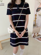 Women's Long T-Shirt Summer 100% Cotton Striped Short Sleeve Pullover Knit POLO Neck Ladies Dress Tops Loose Fashion Tees Skirt