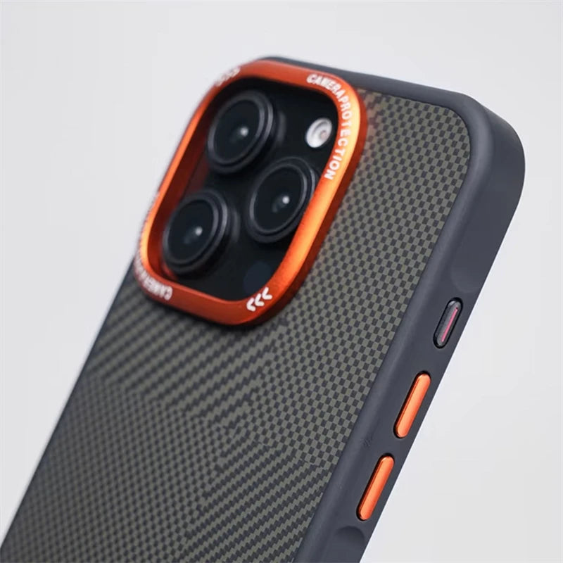 Matte Carbon Fiber Texture MagSafe Phone Case For iPhone 17 16 15 14 Pro Max 17Air Wireless Charging Alloy Lens Shockproof Cover
