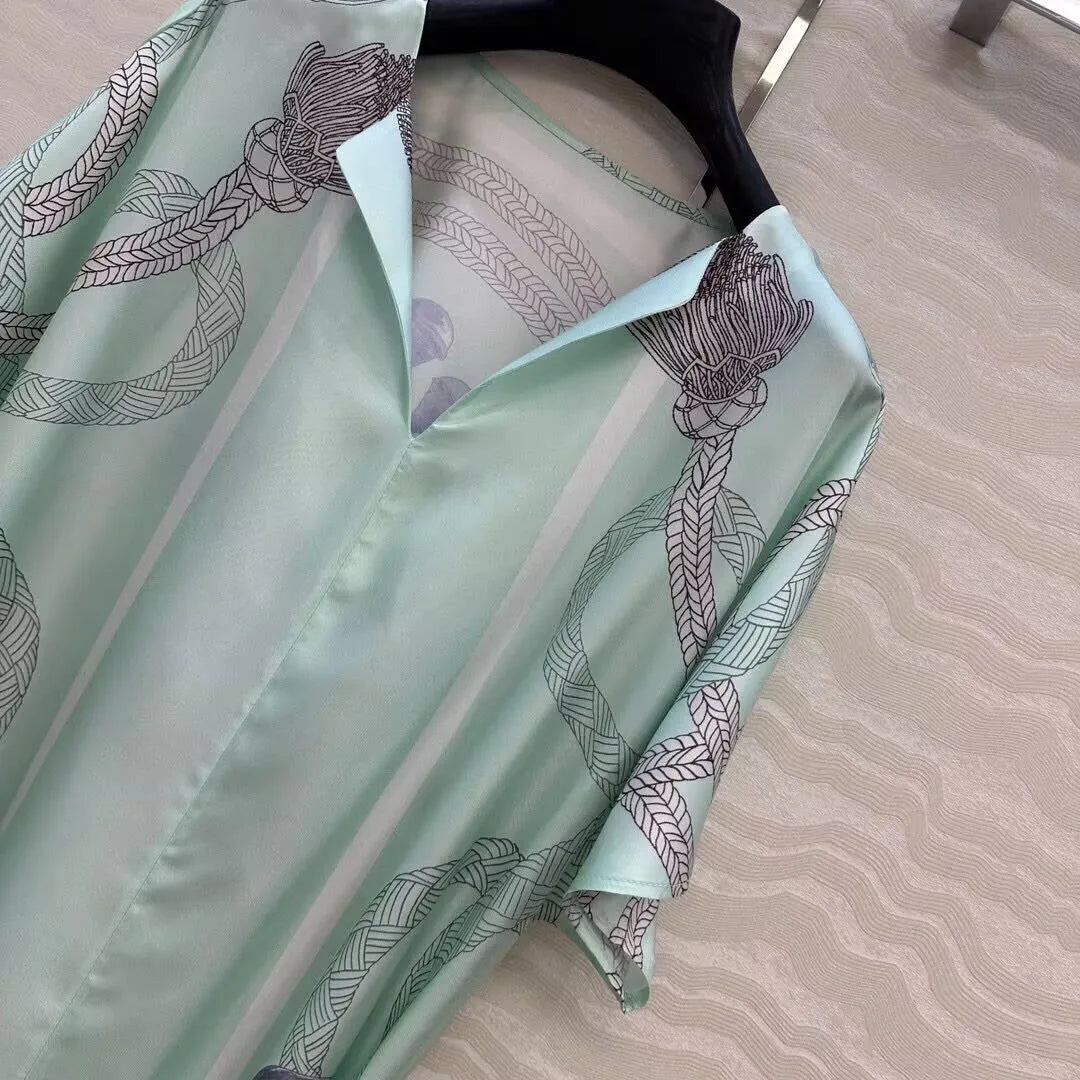 Luxury 100% Silk Vintage Dress Women V-neck Short Sleeve Rope Totem Printing Belt Mint Green Elegant Lady Long Dresses