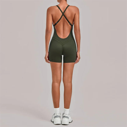 SVEIC Gym Sports Jumpsuits Short Cross Backless Hollow Fitness Workout Sportswear One Piece Bodysuit Running Tight Yoga Clothing Olive green China Mainland