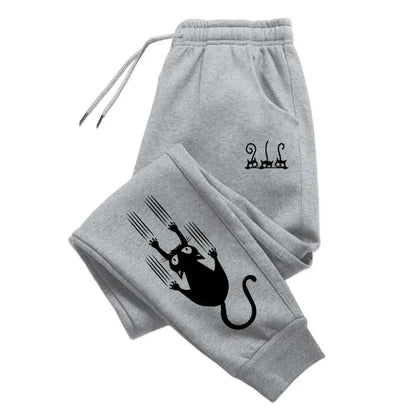 Cute Cat Print Sweatpants for Woman All Season Daily Casual Sporty Jogging Pants Girls Home Outdoor Comfort Breathable Trousers Grey