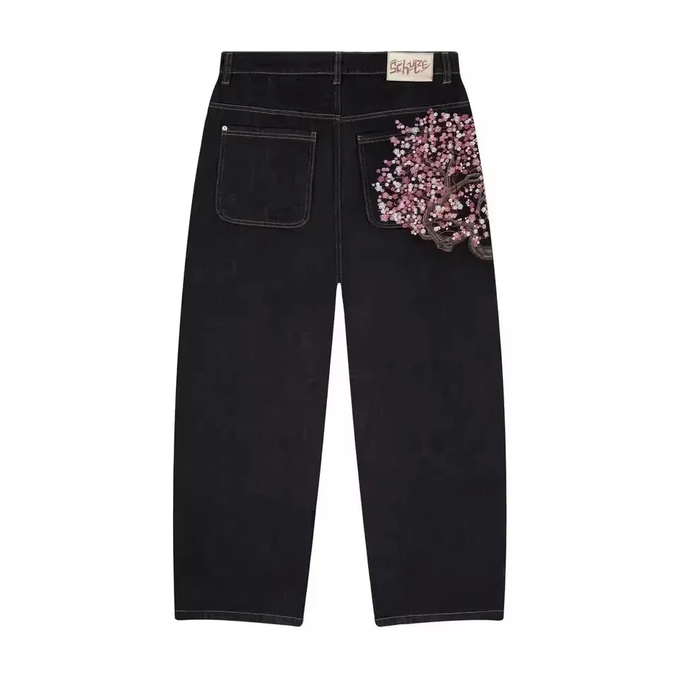 Cherry Blossom Embroidered Baggy Jeans — Y2K Low Waist Wide Leg, Unisex