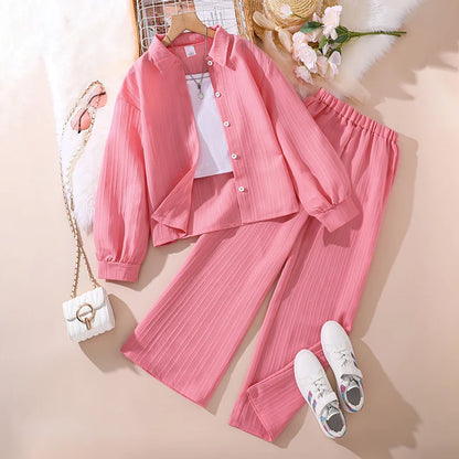 Girls Sets 4-16 Years Shirt Long-Sleeved Coat + Loose Casual Long Pants For Girls Korean Style Suits Summer Fashion Clothes Sets CF5028 Pink