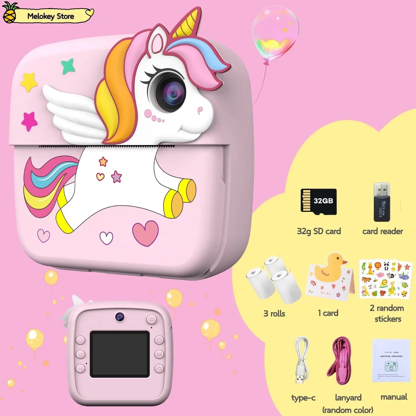 Kids Photo Camera Printer with Game Cute Pink Blue Mini Digital Video Child Instant Print Camera 4-12 Years Kids Girls Boys Gift Rainbow-Set3