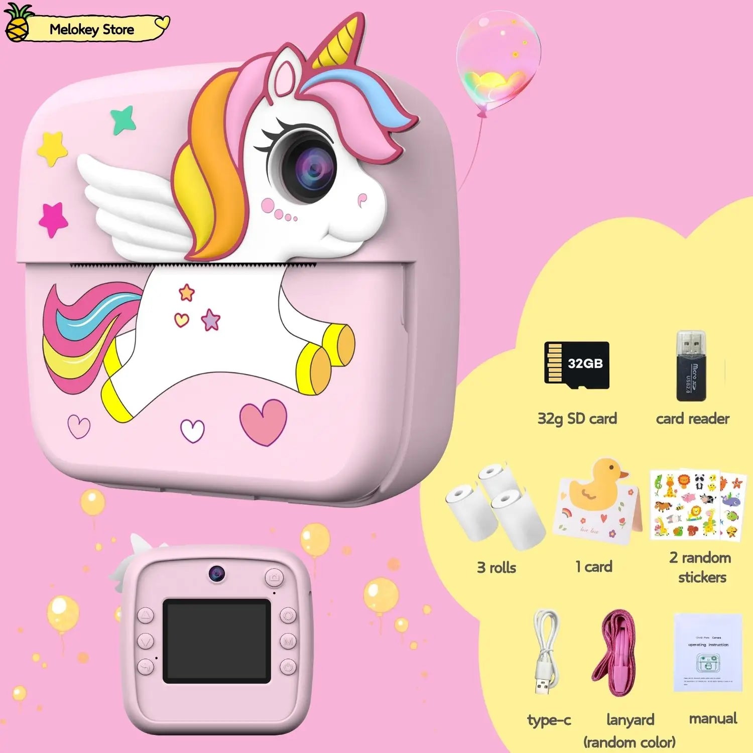 Kids Photo Camera Printer with Game Cute Pink Blue Mini Digital Video Child Instant Print Camera 4-12 Years Kids Girls Boys Gift