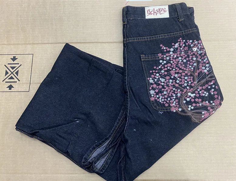 Vintage Low Waist Hip Hop Cherry Blossom Embroidered Jeans Wide Leg Trousers Y2K Clothes Mens Womes Embroidered Baggy Jeans