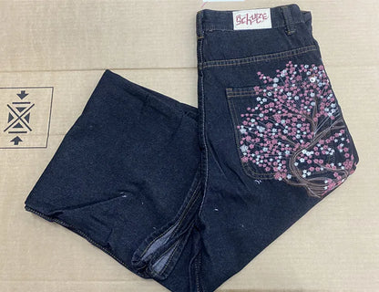 Vintage Low Waist Hip Hop Cherry Blossom Embroidered Jeans  Wide Leg Trousers Y2K Clothes Mens Womes Embroidered Baggy Jeans