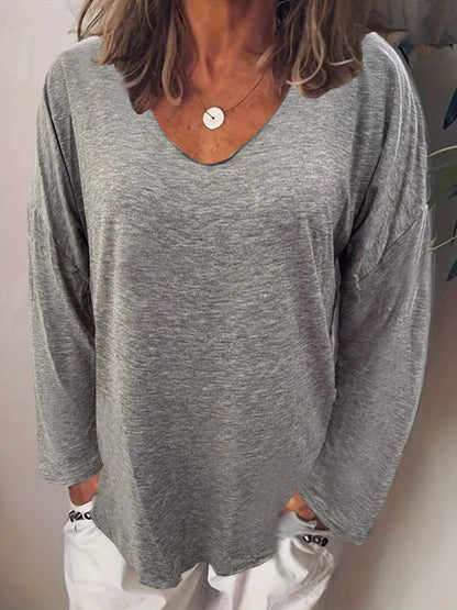 Fashion Summer New Women T-Shirt Solid Color Casual Versatile Loose Tops V-Neck Blouses Long Sleeve Shirt Perspective Y2K Tops Grey