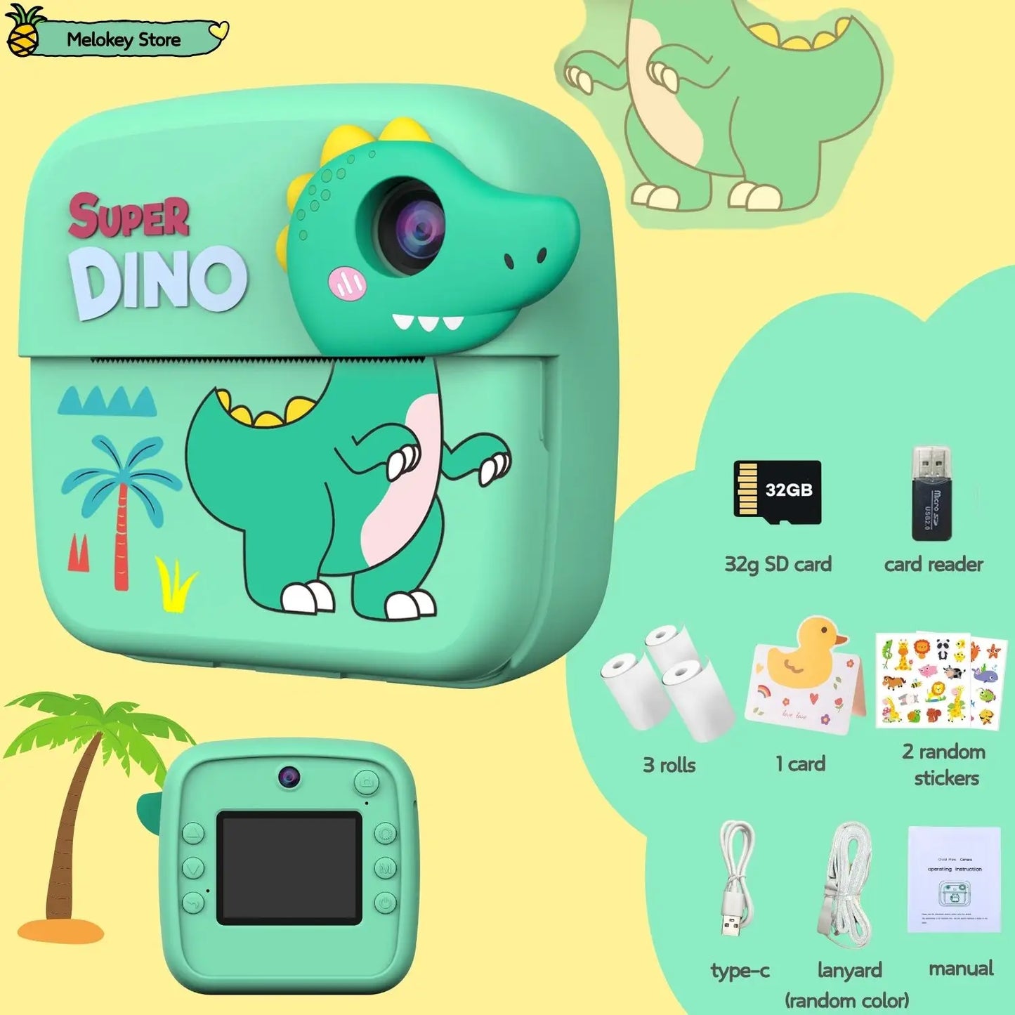 Kids Photo Camera Printer with Game Cute Pink Blue Mini Digital Video Child Instant Print Camera 4-12 Years Kids Girls Boys Gift Dinosaurs-Set3