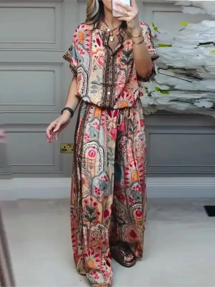 Printed Top & Wide-Leg Pants Set