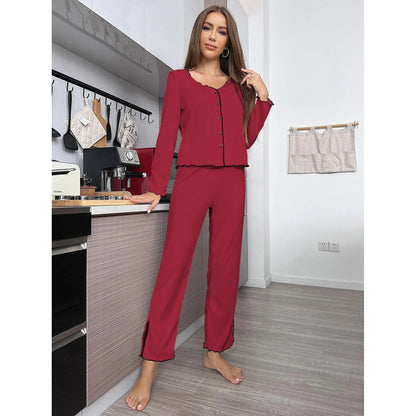 Europe hot-selling women's pajamas set autumn and winter pit strip cardigan long-sleeved trousers loungewear set Red