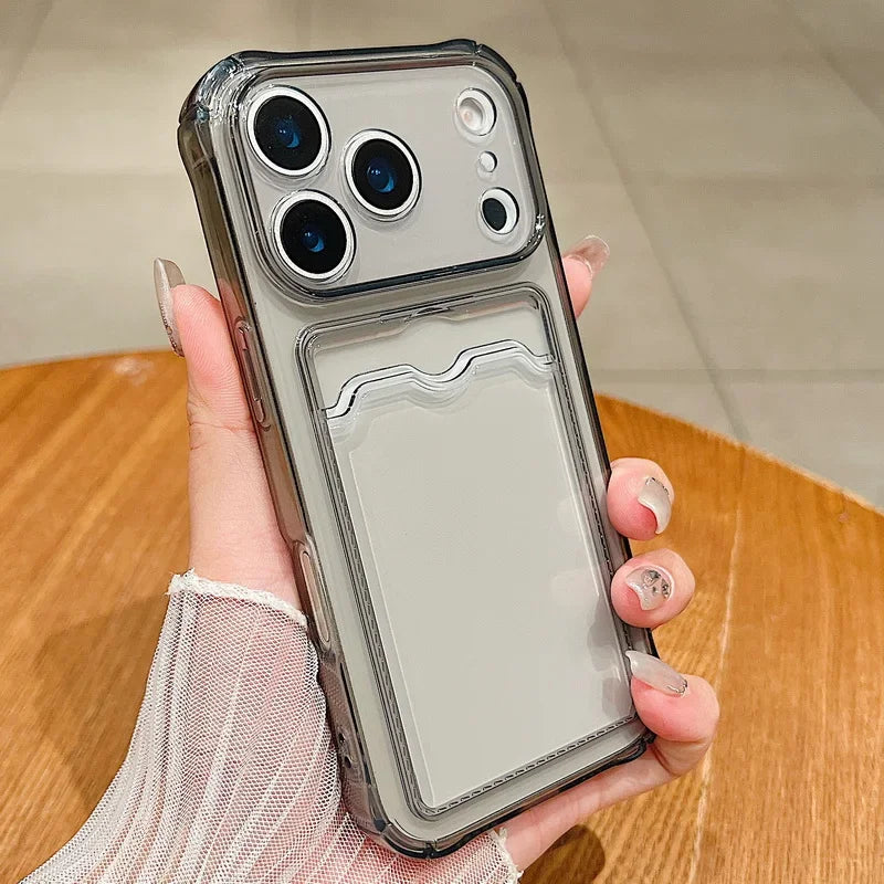 Card Slot Pocket Phone Cases For iPhone 17 17Air Air 17Pro Pro Max 17ProMax Shockproof Transparent Silicone Soft TPU Cover Capa Grey