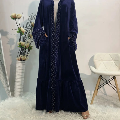 Autumn and Winter Long Sleeve Abayas Corduroy Velvet Cardigan Abaya for Women Solid Warmth Muslim Dress Women Eid Caftan Evening