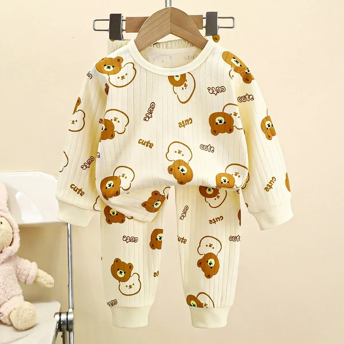 Kids Boys Girls Pure Cotton Warm Pajamas Cute Cartoon Long Sleeve T-Shirt + Pants Toddler Baby Autumn Underwear Clothing Sets Style 7
