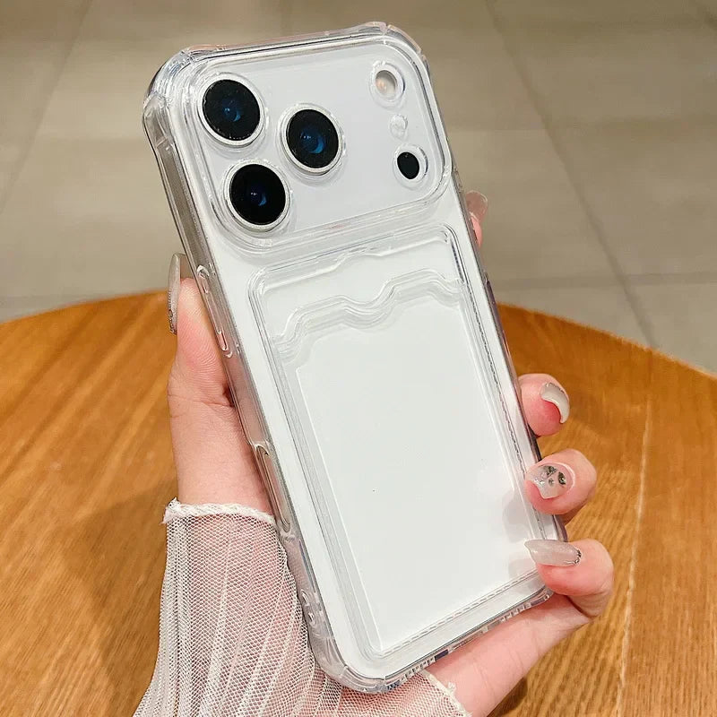 Card Slot Pocket Phone Cases For iPhone 17 17Air Air 17Pro Pro Max 17ProMax Shockproof Transparent Silicone Soft TPU Cover Capa White