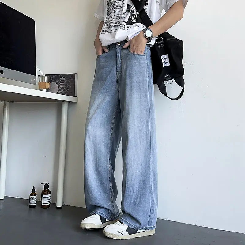 Men's Korean Streetwear Baggy Jeans — Wide Leg, Low Waist, Light Wash