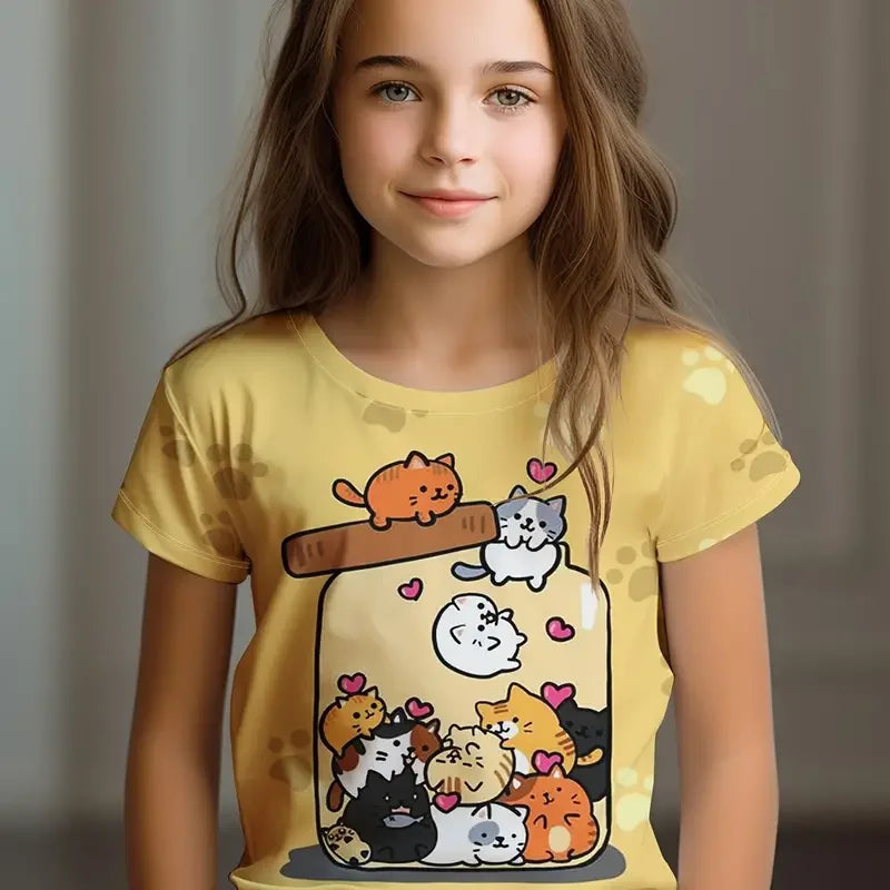 Kids Clothes Children's T-Shirt Girl Short Sleeve Top Cartoon Cat Kawaii Girls Summer Clothes Child T-Shirt Children's Clothing