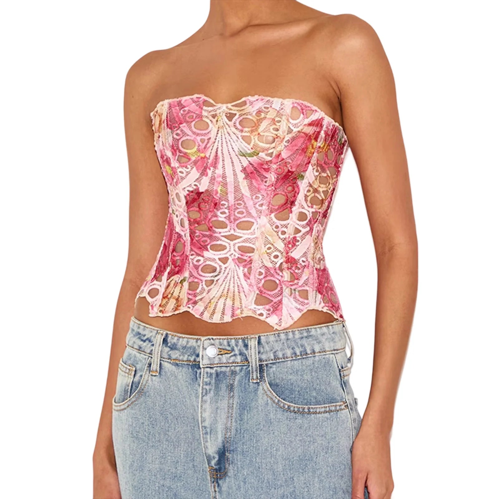 Sexy Lace-Up Backless Bandeau Top with Irregular Cutout Detail and Off-Shoulder Design for Trendy Street Style
