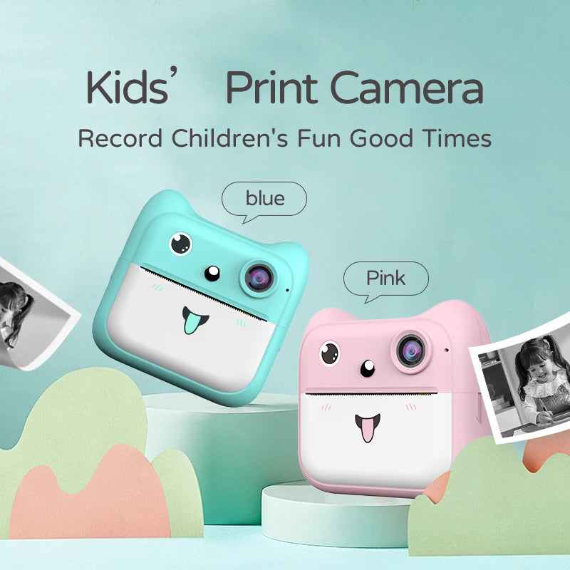 Kids Photo Camera Printer with Game Cute Pink Blue Mini Digital Video Child Instant Print Camera 4-12 Years Kids Girls Boys Gift