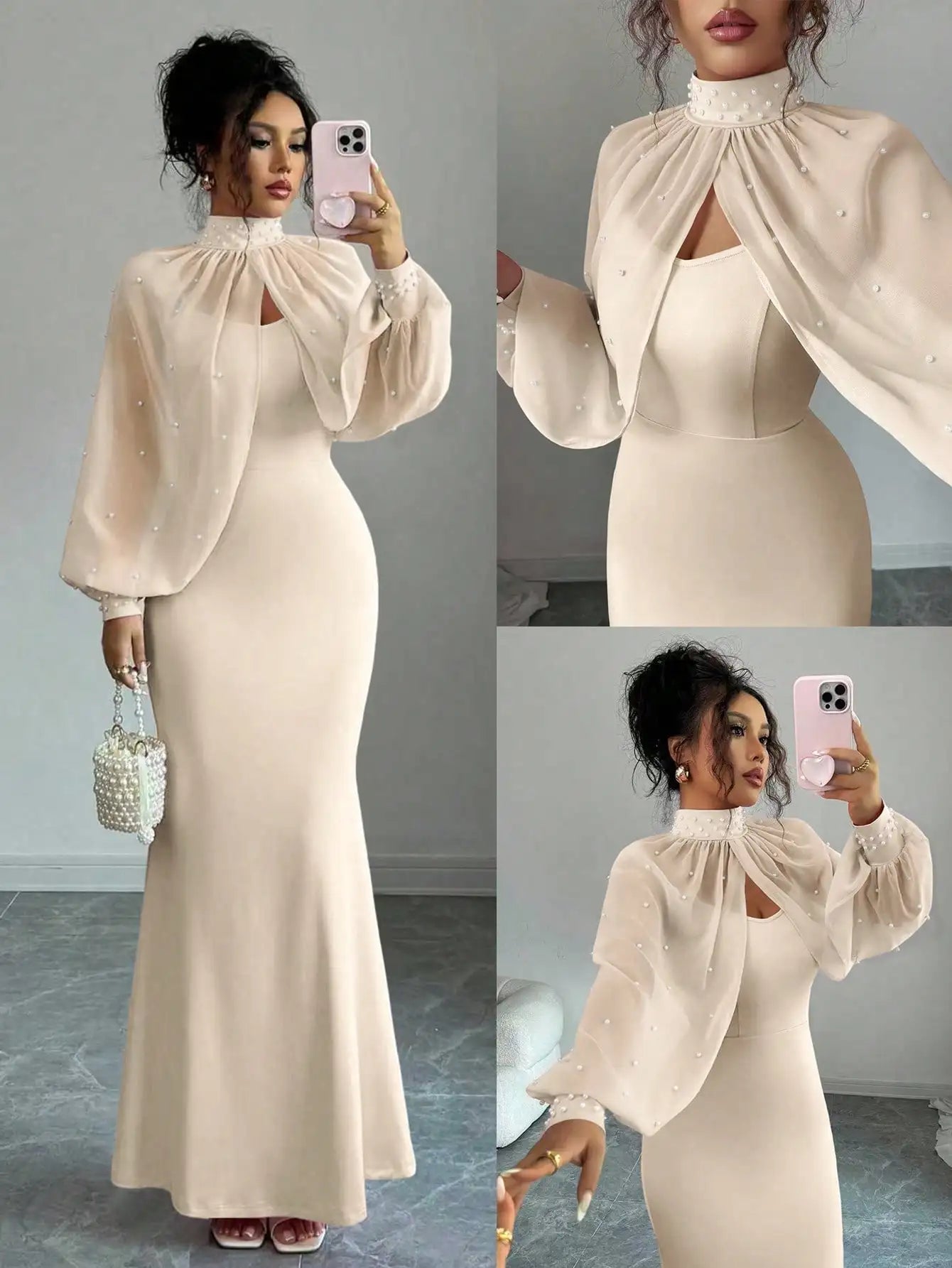 Elegant Pink Mermaid Gown with Beaded Sheer Capelet, Bodycon Slip Dress Set Apricot United States