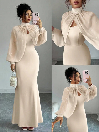 Elegant Pink Mermaid Gown with Beaded Sheer Capelet, Bodycon Slip Dress Set Apricot United States