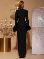 Newest Fashion 2025 Party Vestido Women's Diamonds Feather Tight Long Maxi Dress Long sleeves Elegant Evening Banquet Gowns