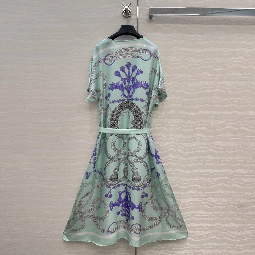 Luxury 100% Silk Vintage Dress Women V-neck Short Sleeve Rope Totem Printing Belt Mint Green Elegant Lady Long Dresses