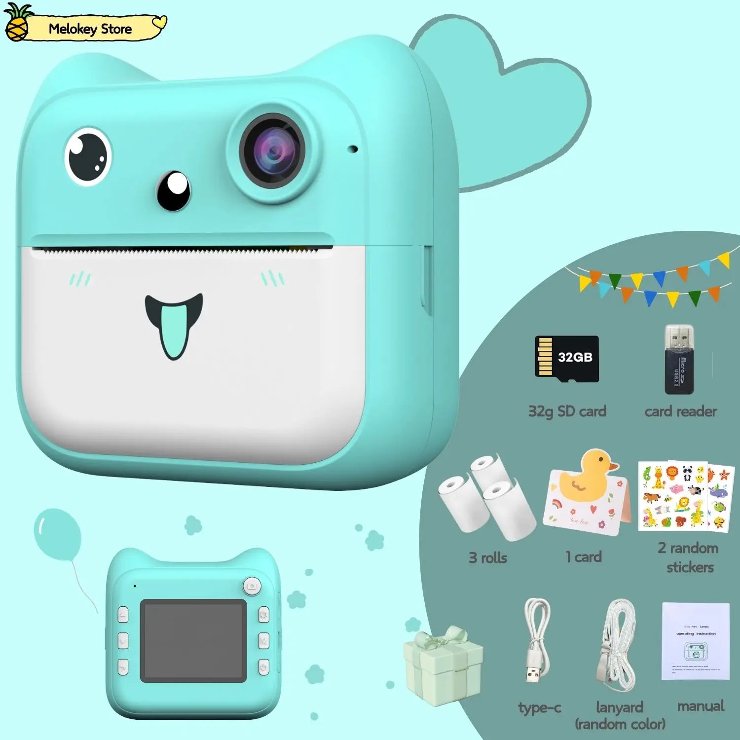 Kids Photo Camera Printer with Game Cute Pink Blue Mini Digital Video Child Instant Print Camera 4-12 Years Kids Girls Boys Gift