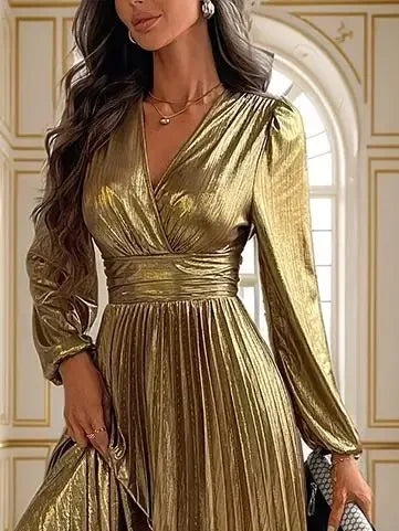 Wedding Prom Party Elegant Long Dresses Women Pleated V-Neck Dresses 2025 Spring Autumn Long Sleeves Gown Gold Holiday Dress