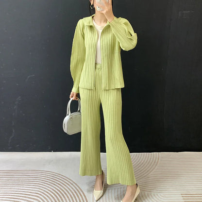 Hooded Jacket & Wide Leg Pants Set Green One Size