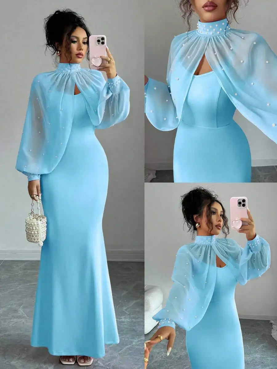 Elegant Pink Mermaid Gown with Beaded Sheer Capelet, Bodycon Slip Dress Set