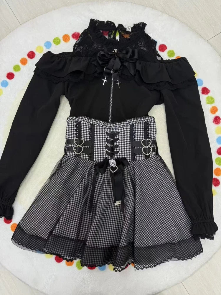 Sweet Elegant Kawaii Slim Off Shoulder Suit Women's Japanese Lovely Lace New Black Short Skirt Suit Fashion Vintage Lolita Set