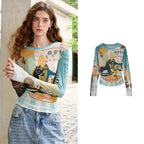 TOYOUTH Women's Sheer Second Skin Base Layer Top 2026 Fall Slim Fit Mongolian Print Nomadic Style Blue