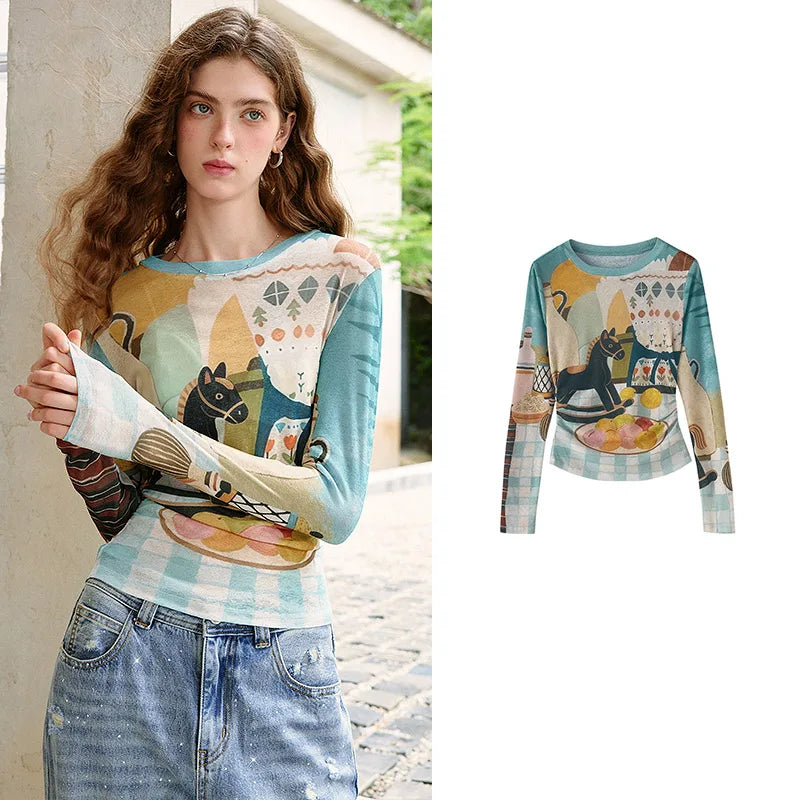 TOYOUTH Women's Sheer Second Skin Base Layer Top 2026 Fall Slim Fit Mongolian Print Nomadic Style Blue