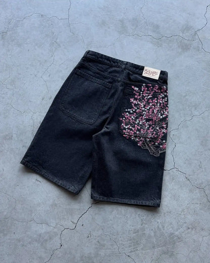 Vintage Low Waist Hip Hop Cherry Blossom Embroidered Jeans  Wide Leg Trousers Y2K Clothes Mens Womes Embroidered Baggy Jeans