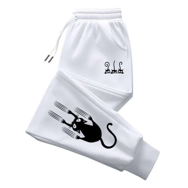 Cute Cat Print Sweatpants for Woman All Season Daily Casual Sporty Jogging Pants Girls Home Outdoor Comfort Breathable Trousers White