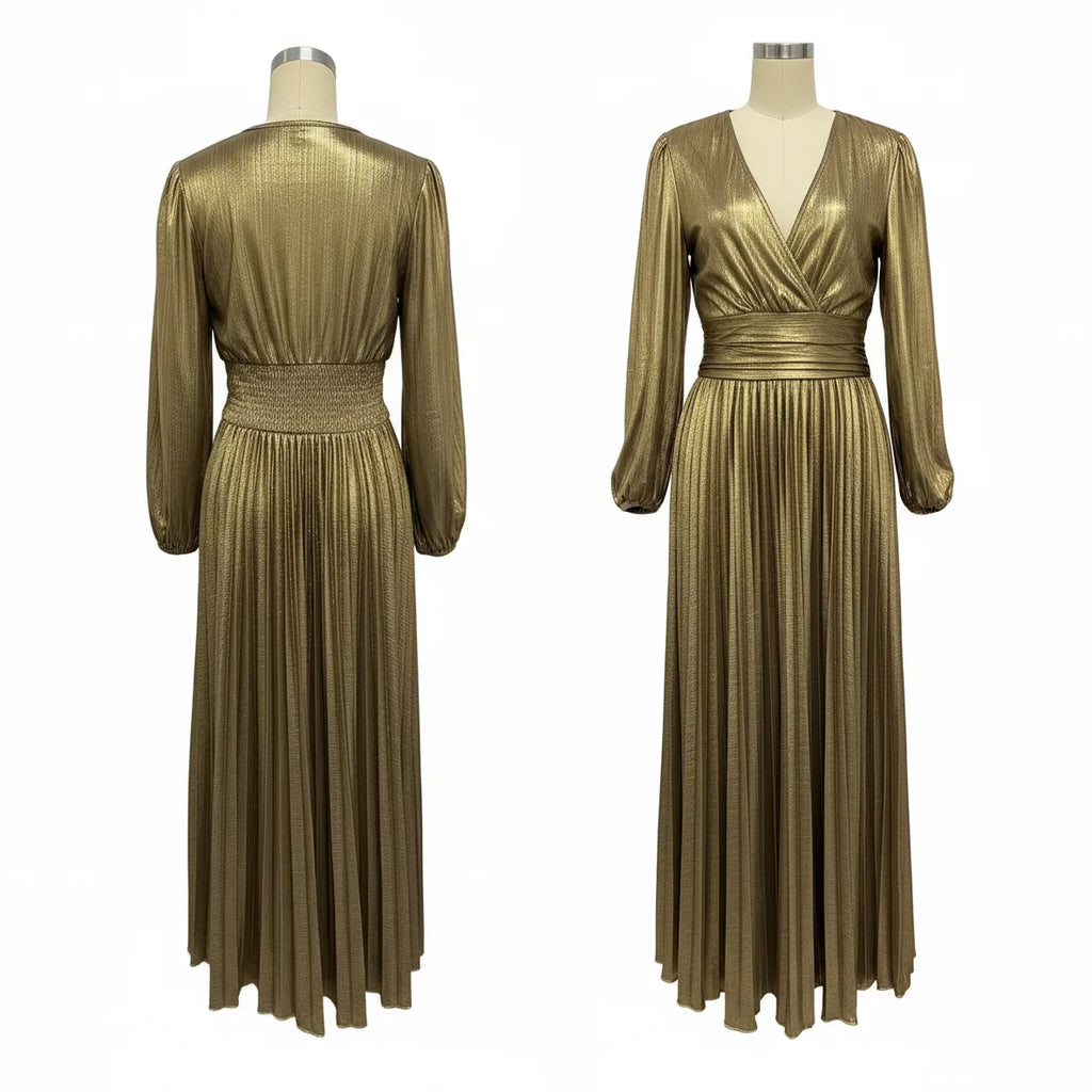 Wedding Prom Party Elegant Long Dresses Women Pleated V-Neck Dresses 2025 Spring Autumn Long Sleeves Gown Gold Holiday Dress