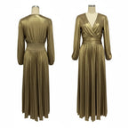 Wedding Prom Party Elegant Long Dresses Women Pleated V-Neck Dresses 2025 Spring Autumn Long Sleeves Gown Gold Holiday Dress