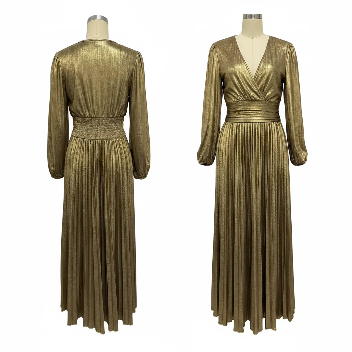 Wedding Prom Party Elegant Long Dresses Women Pleated V-Neck Dresses 2025 Spring Autumn Long Sleeves Gown Gold Holiday Dress Gold Dresses