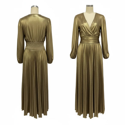 Wedding Prom Party Elegant Long Dresses Women Pleated V-Neck Dresses 2025 Spring Autumn Long Sleeves Gown Gold Holiday Dress Gold Dresses