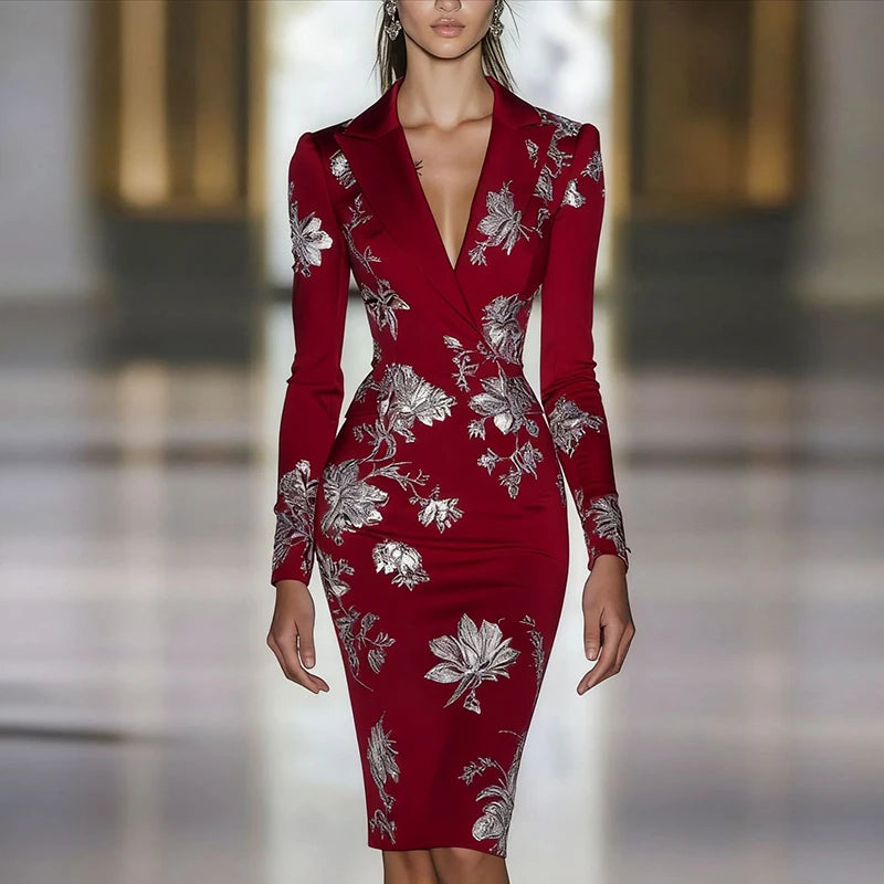 Floral Print Bodycon Evening Dress Wine Red