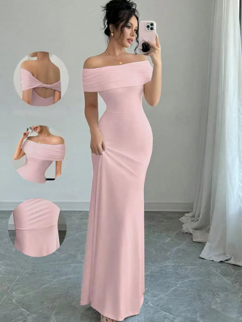 Off Shoulder Party Dress, Women‘s Sleeveless Sexy Bodycon Midi Dress, Elegant Bandage Cocktail Dress for Night Out Pink