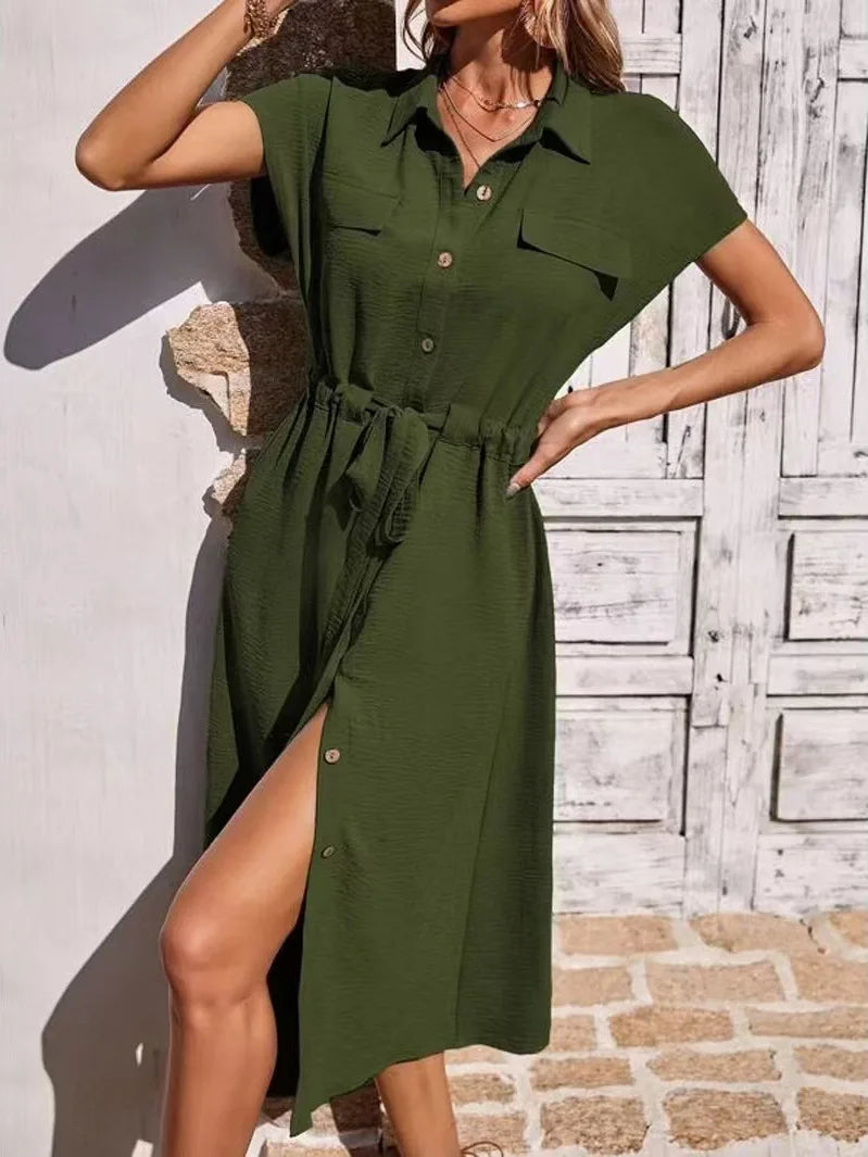 Summer Shirt Collar Waist Skirt Olive Green