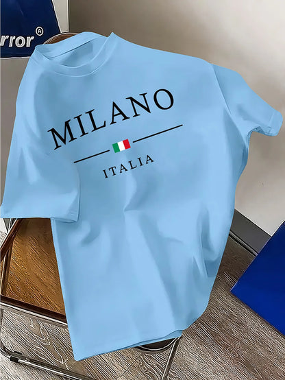 Men's 100% pure cotton fashionable casual loose Italian style Milan letter printed round neck short sleeved T-shirt top A1589-wulan