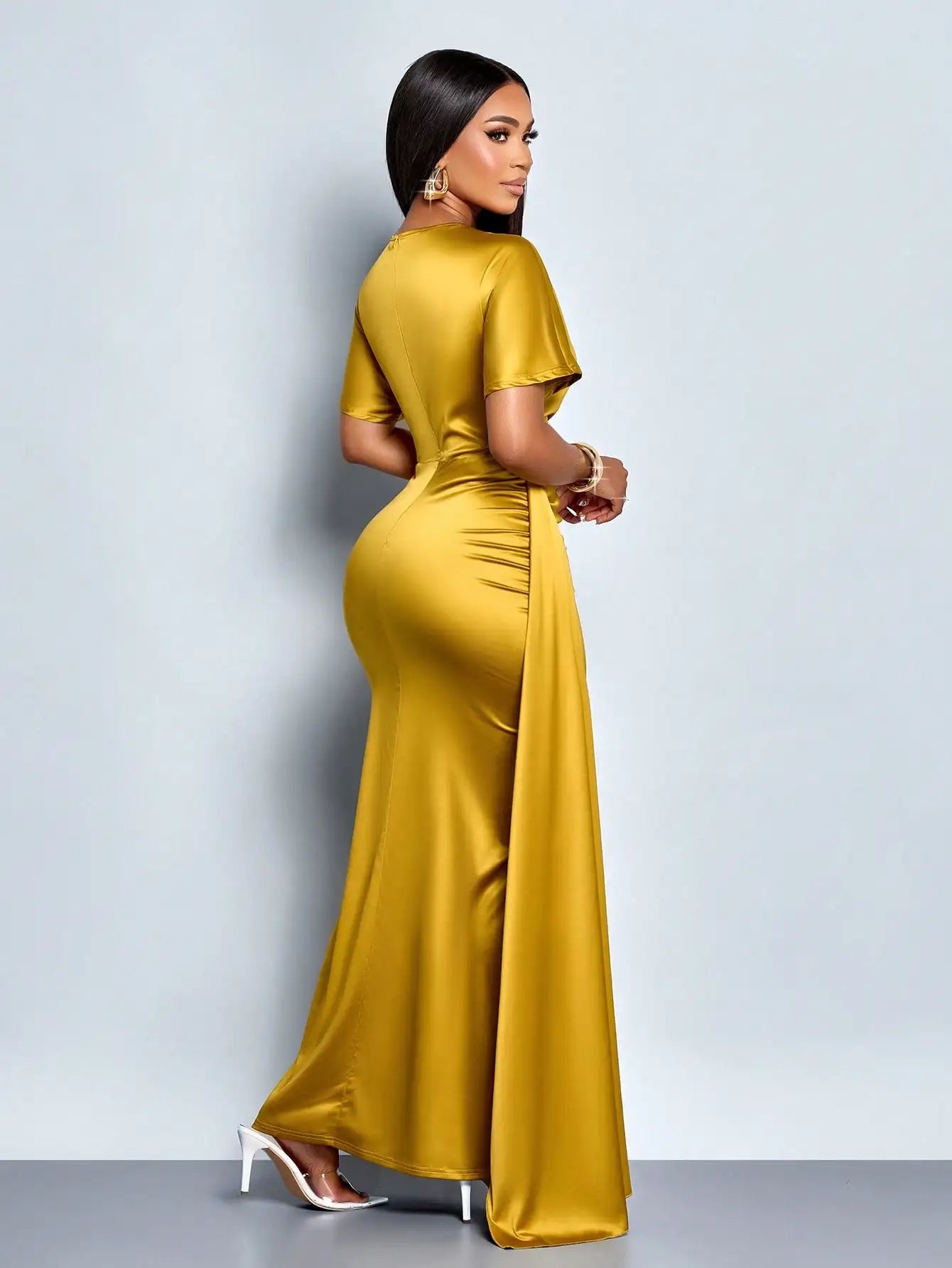 Elegant Gold Satin Maxi Dress with Batwing Sleeves and Side Drape