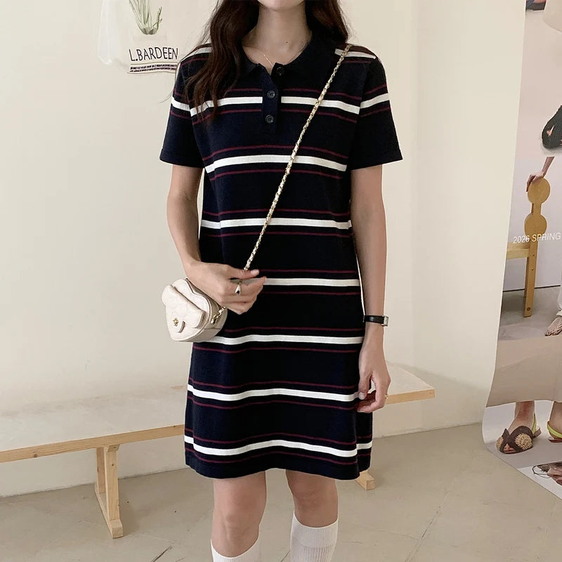 Women's Long T-Shirt Summer 100% Cotton Striped Short Sleeve Pullover Knit POLO Neck Ladies Dress Tops Loose Fashion Tees Skirt