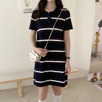 Women's Long T-Shirt Summer 100% Cotton Striped Short Sleeve Pullover Knit POLO Neck Ladies Dress Tops Loose Fashion Tees Skirt