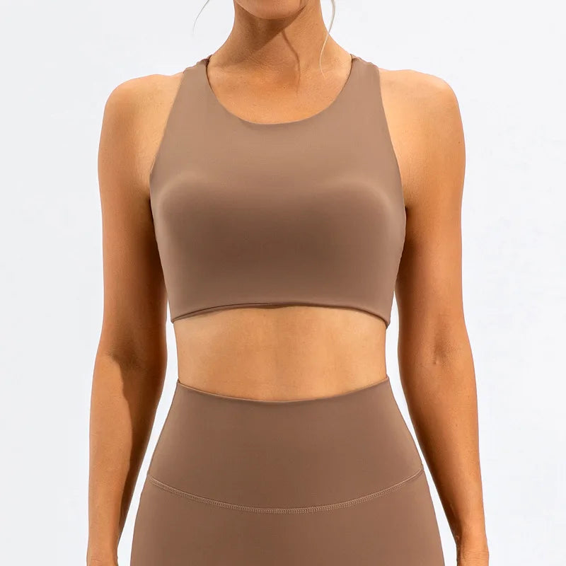 FUBEIKE Beauty Back Exercise Underwear Women Shockproof Yoga Push Up Bras Running Workout High Strength Sports Fitness Vest Dark Brown